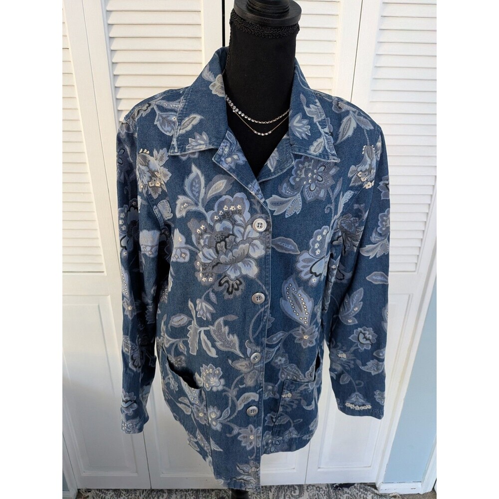 Susan Graver Denim Jacket Women's M Blue Grey Floral Paisley Grandmacore Western
